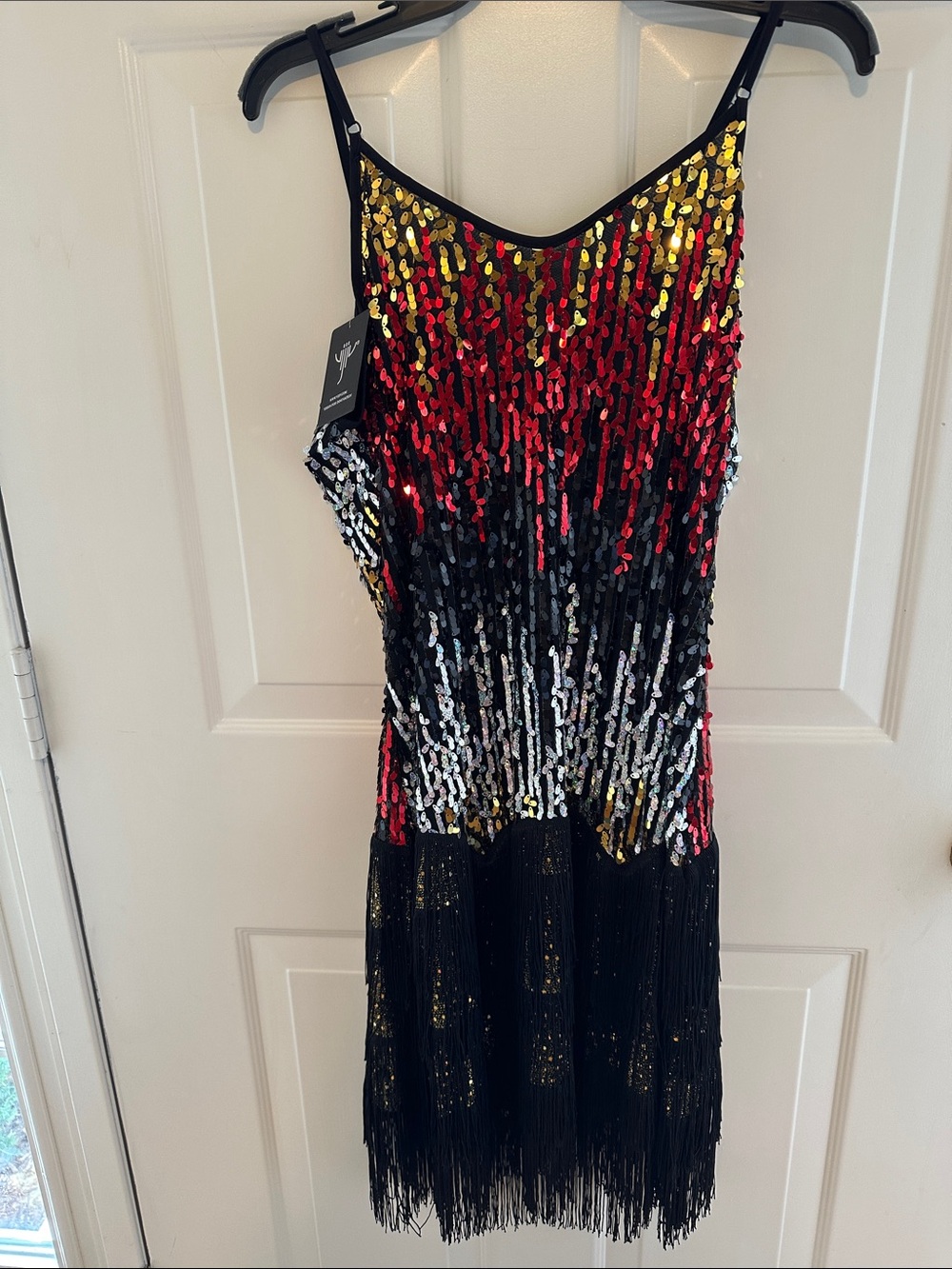 Flapper Dress Sequin Fringe Slip  - Black, Red & Gold NWT size small stretchy